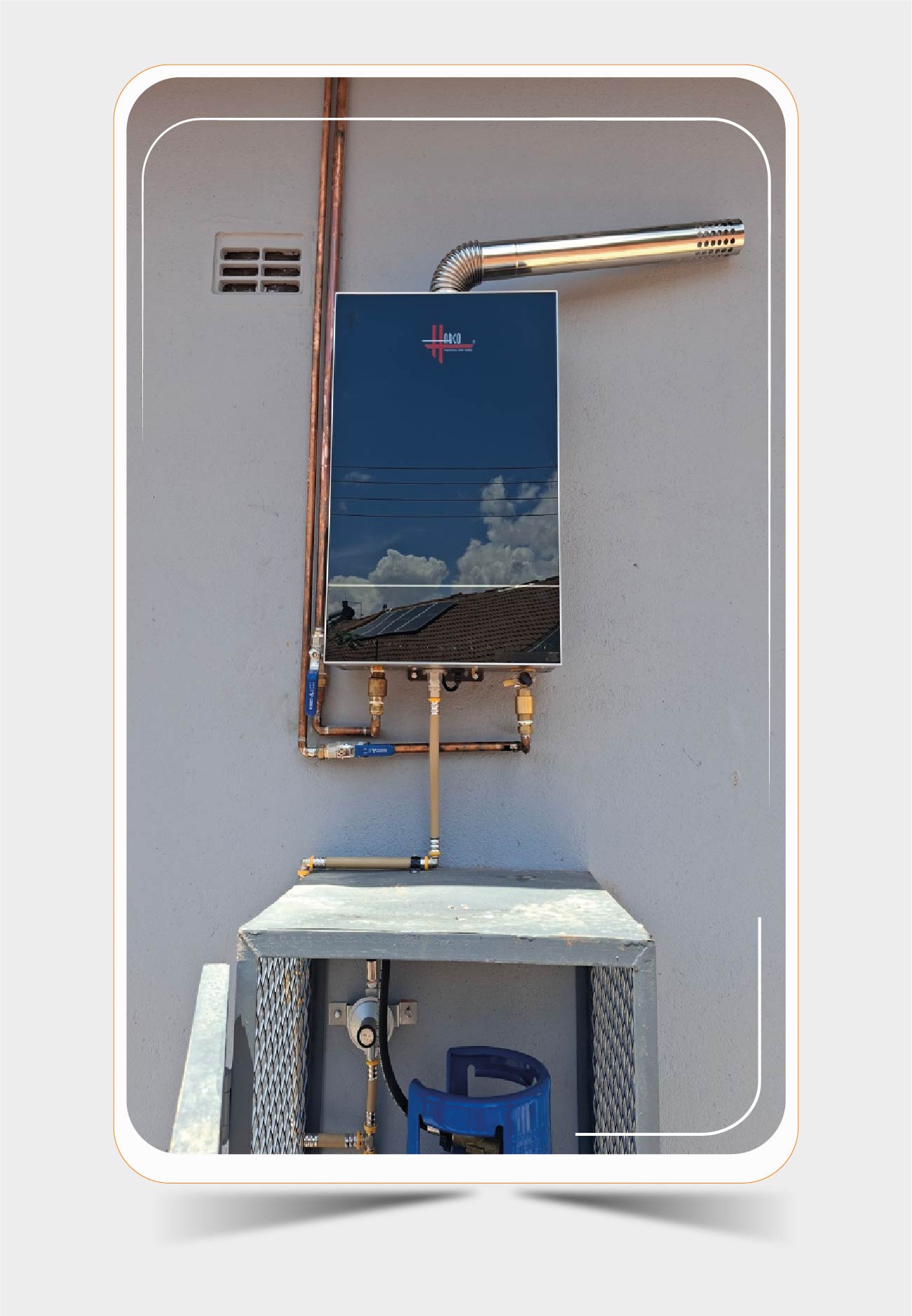 18L fan-forced instant gas geyser with exhaust venting and fan system