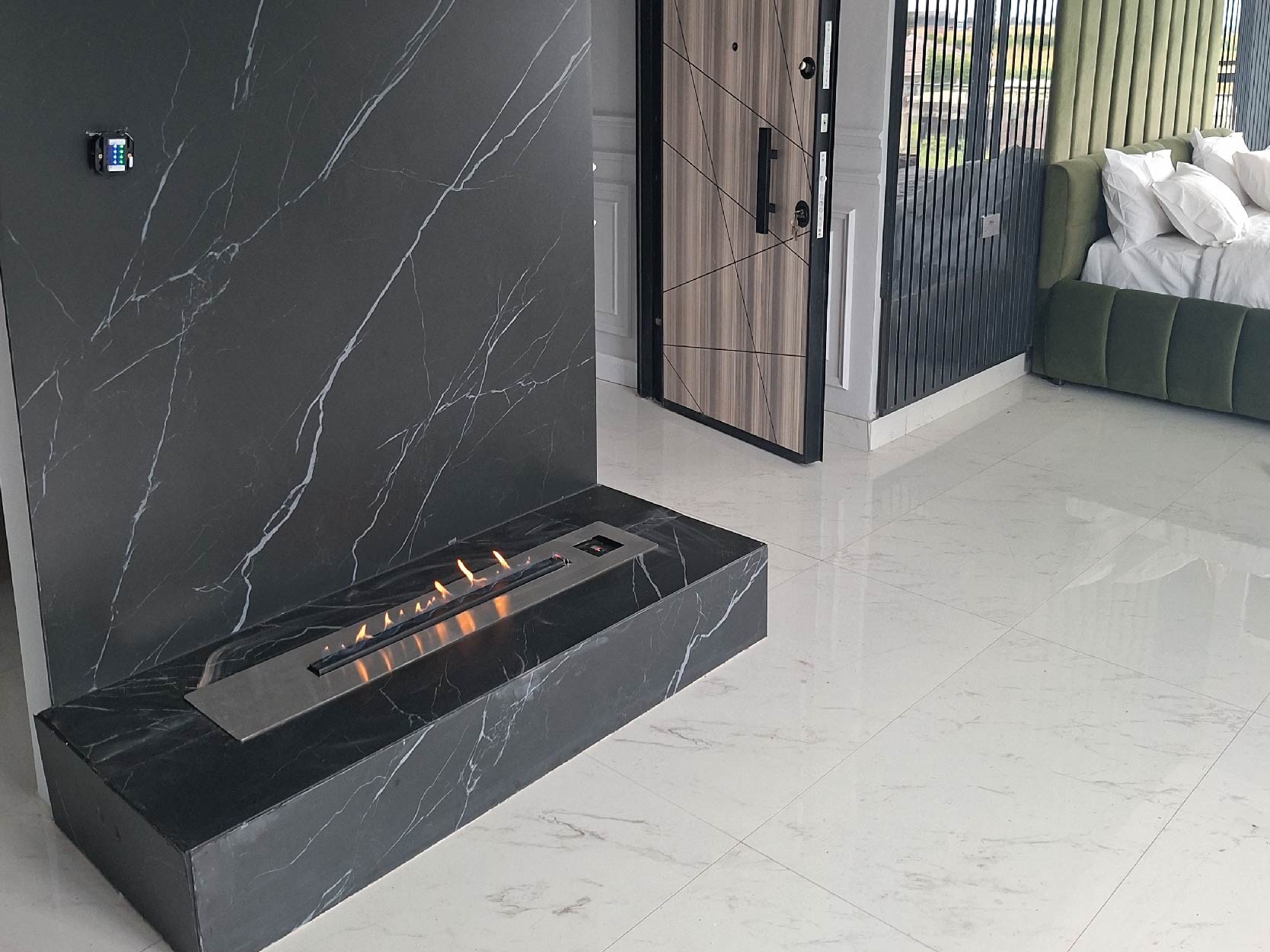 Cozy modern gas fireplace in Harare home living room